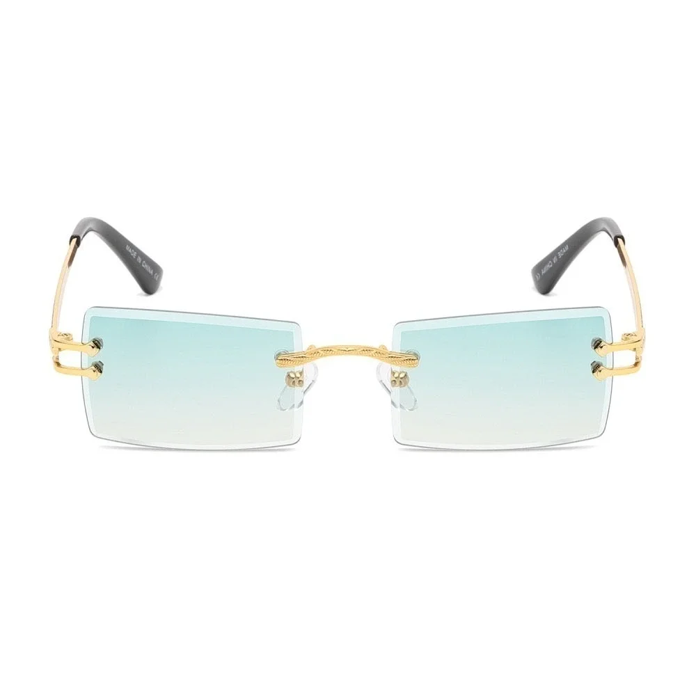 Frameless Square Men Women Sunglasses Gold Frame Green Tint Lens Fashion Eyewear